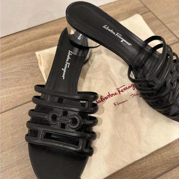 Salvatore Ferragamo Black leather and silver open toe mule Women's size 9